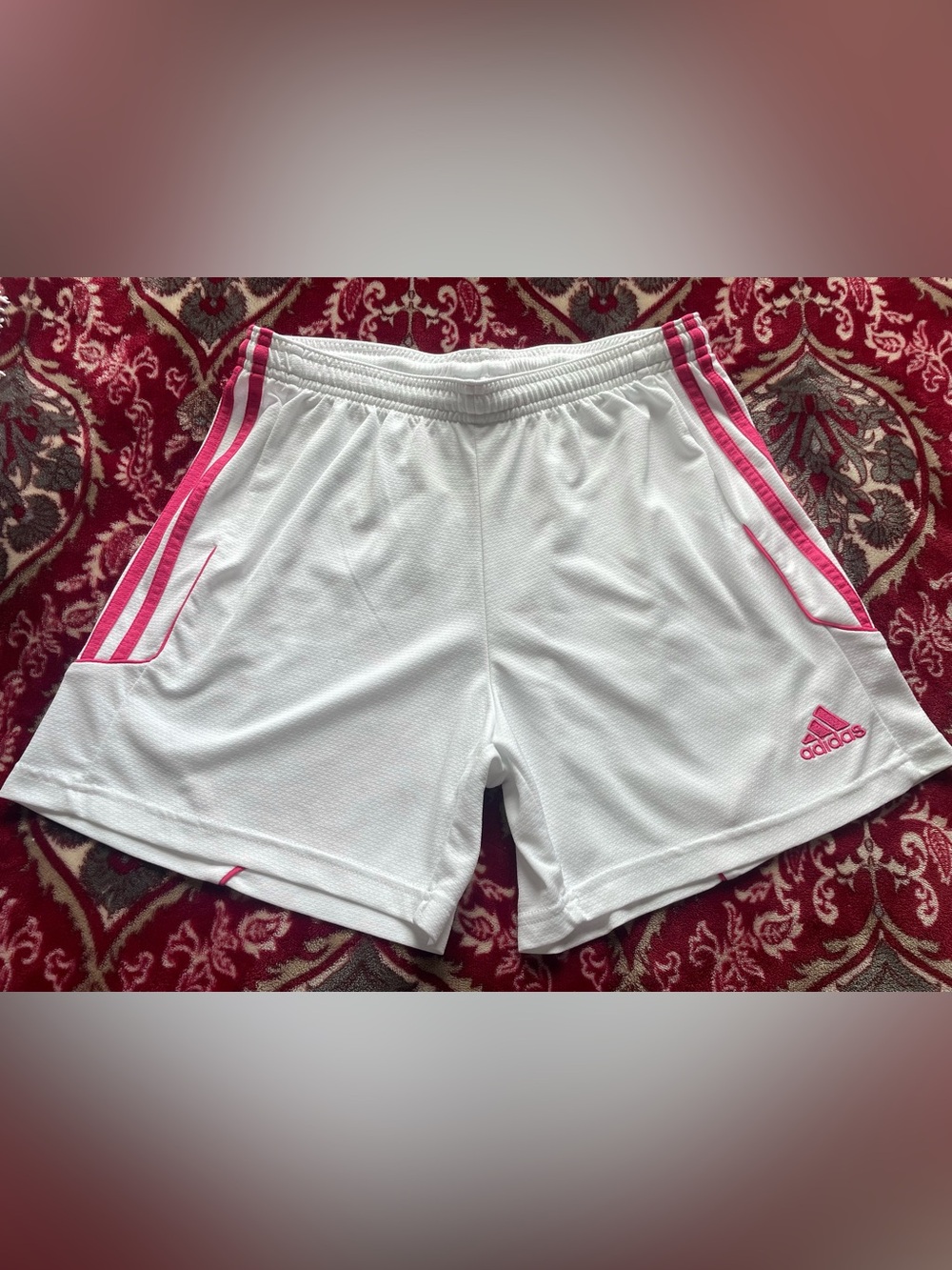 Adidas White Pink Stripe Embroidered Logo Drawstring Gym Shorts Medium Sporty